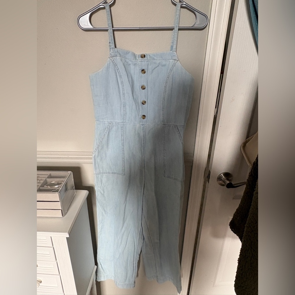 Cropped Light Blue Denim Jumpsuit